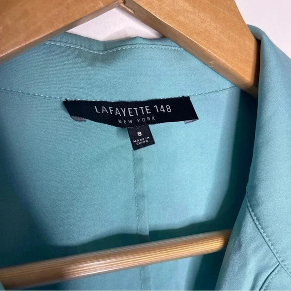 Lafayette 148 Blue-Green Stretch Poplin Ruched Pleat Tunic Shirt Size 8 - Picture 4 of 7